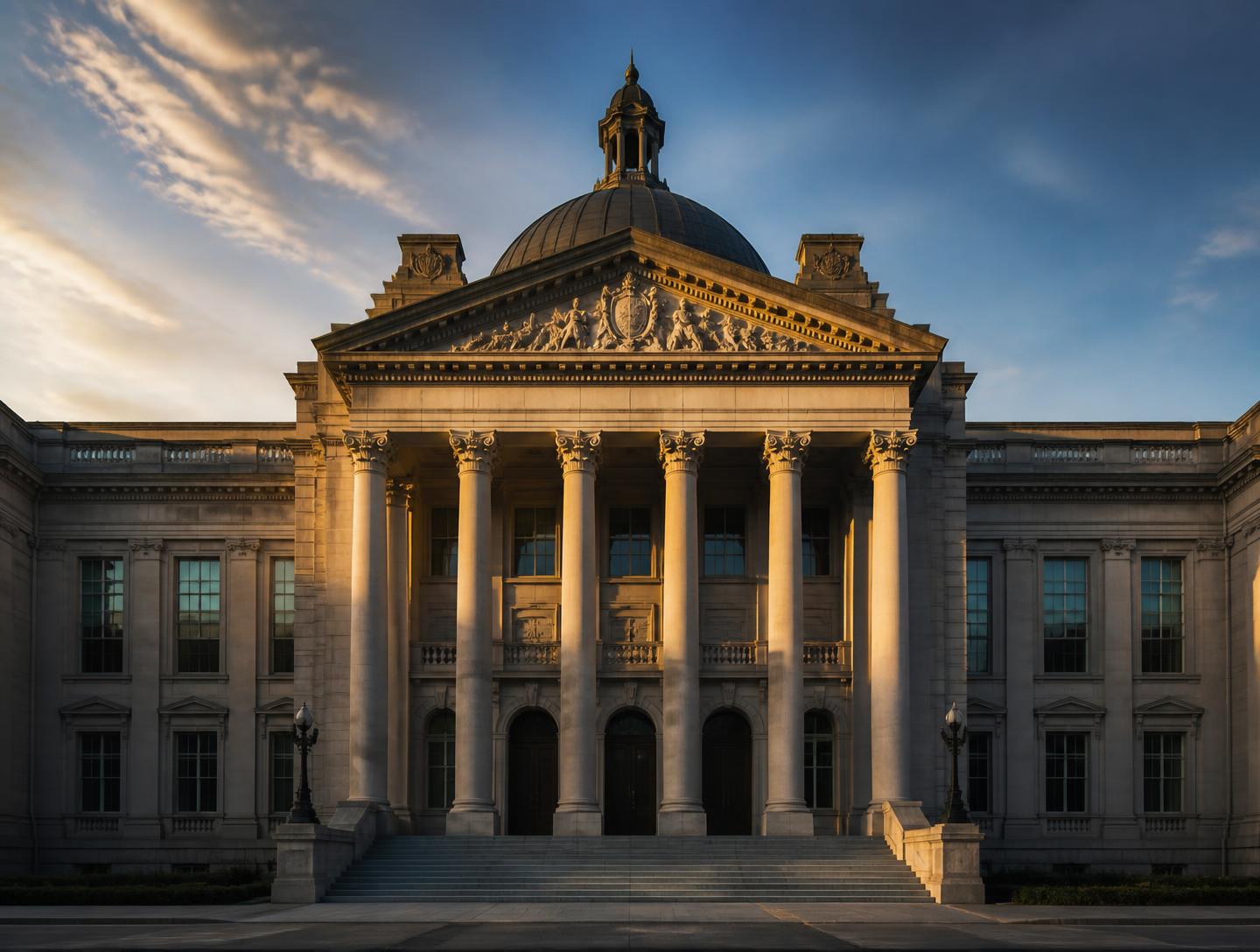 Neoclassical municipal courthouse facade at dawn