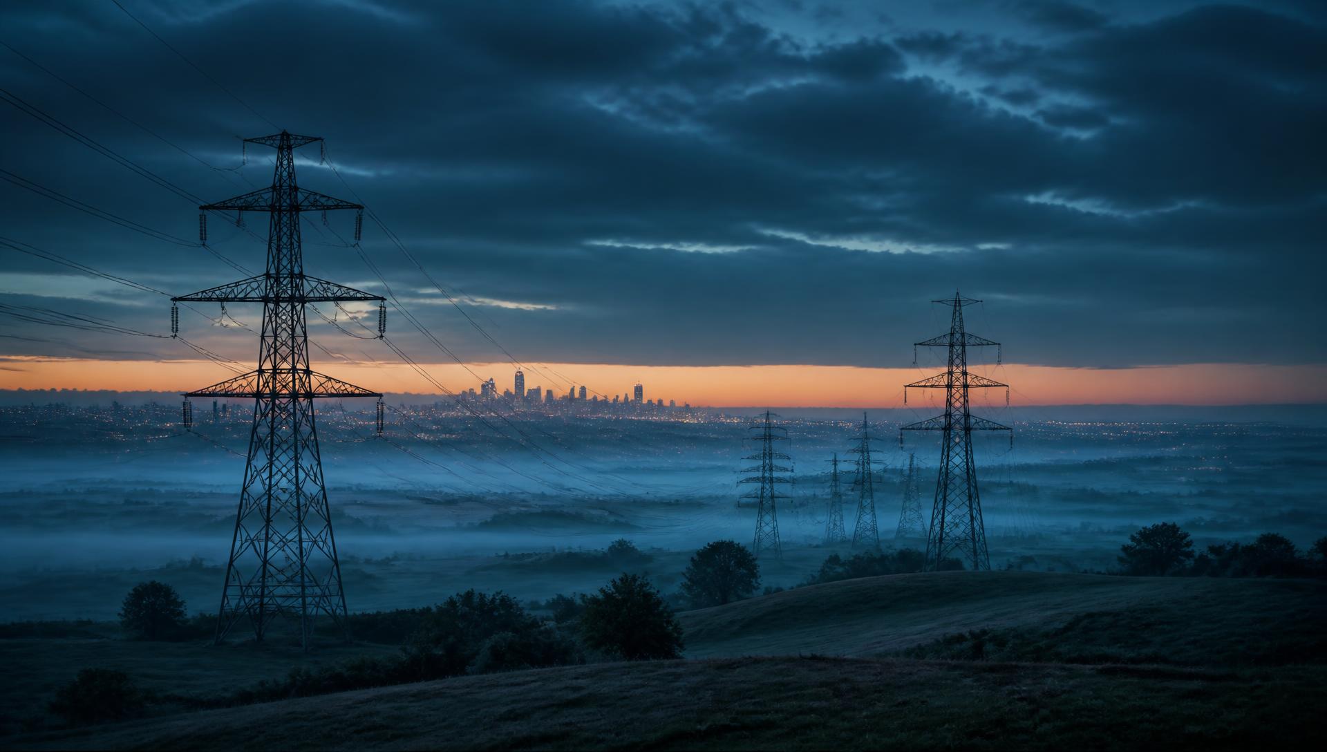 Wide industrial corridor at blue hour